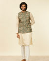 alt message - Manyavar Men Teal Green Floral Printed Nehru Jacket image number 2